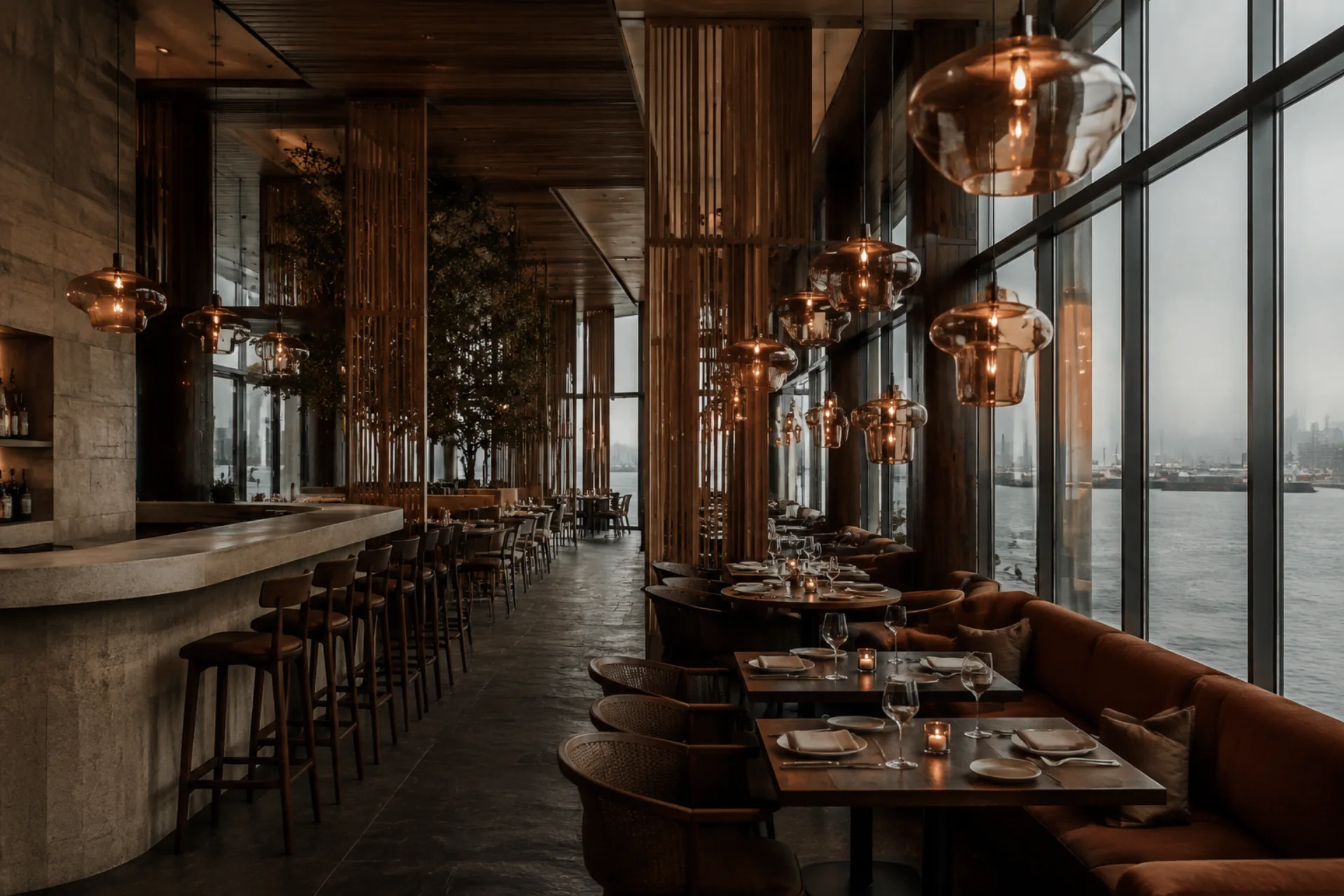 Alder restaurant with cedar screens and amber pendants