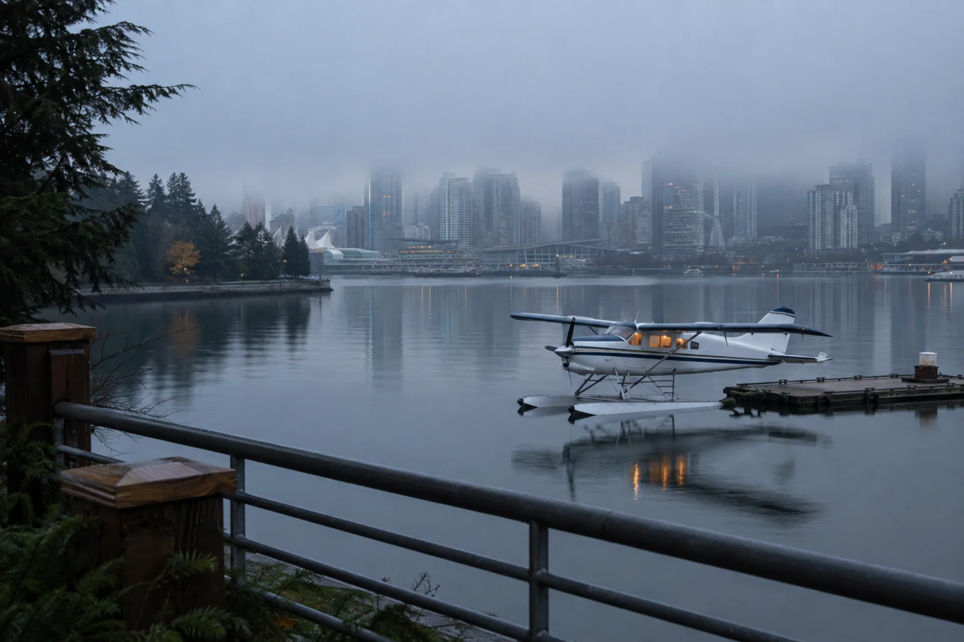 Seaplane moored on Vancouver harbour at dawn