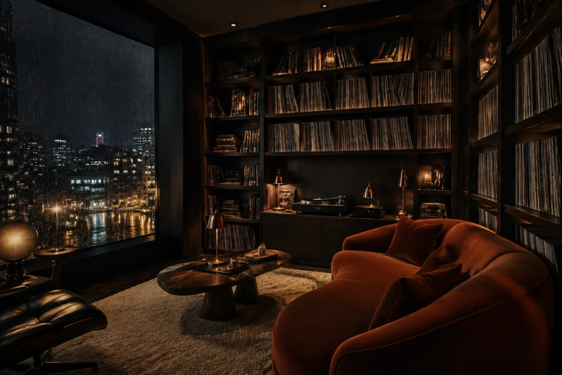 Warm listening library with rain-lit city windows