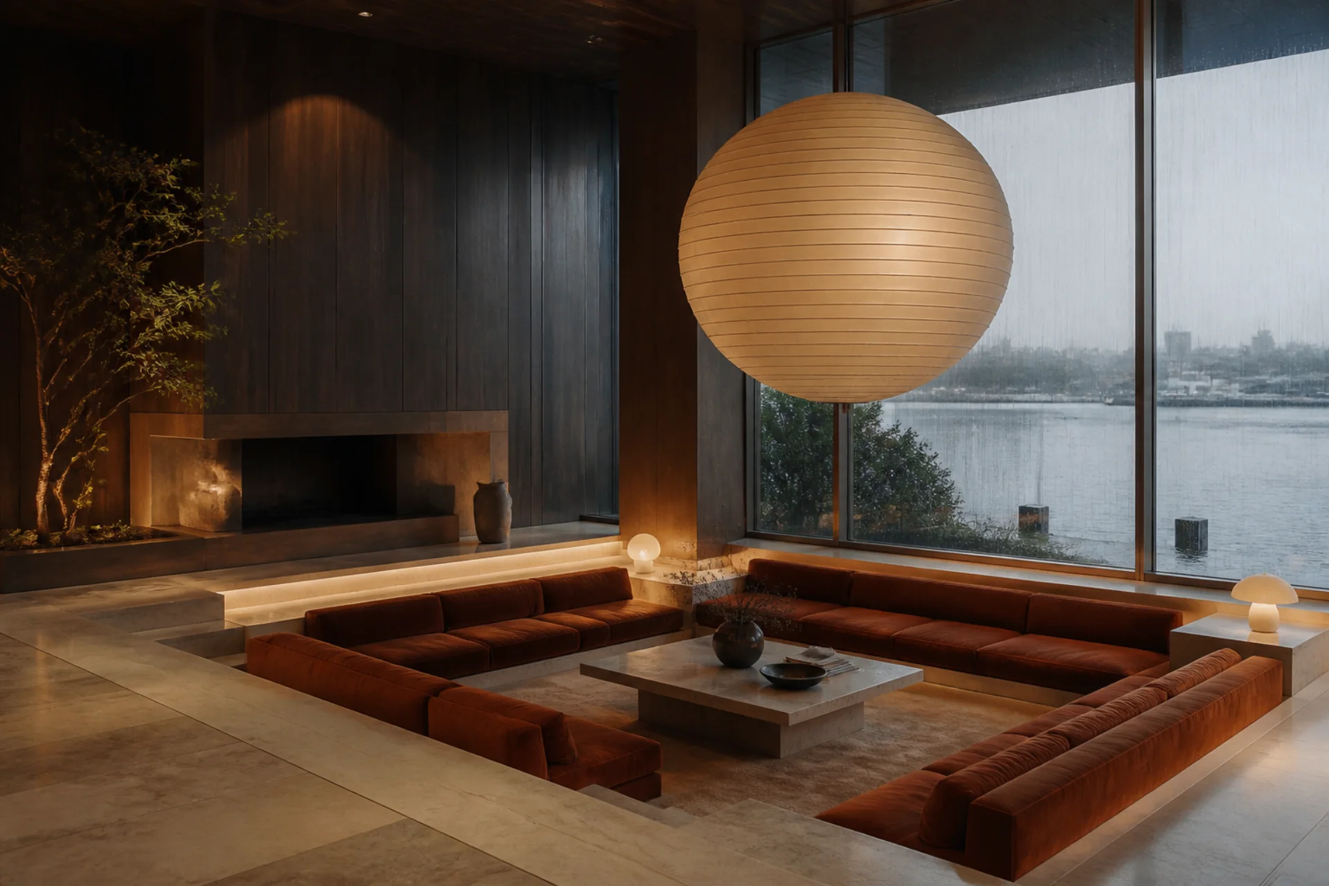 Sunken rust velvet lobby overlooking the harbour