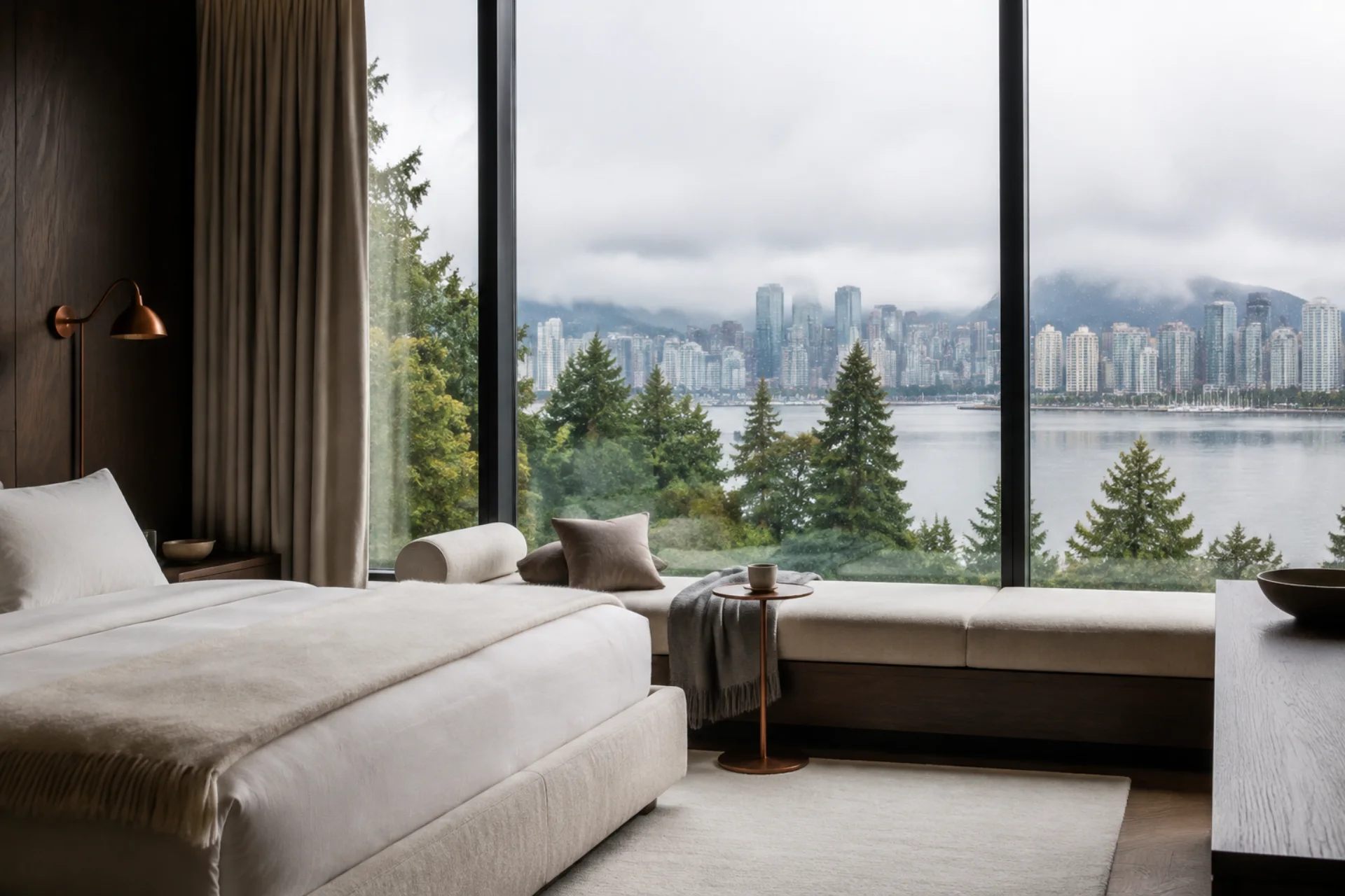 Quiet oak guest room with a green harbour view