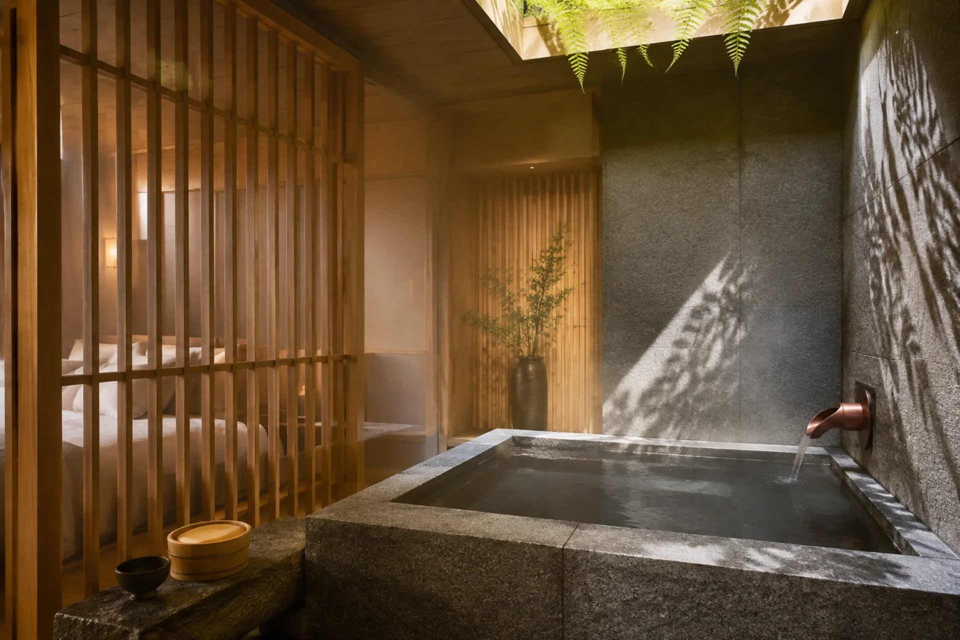 Stone soaking bath beneath fern shadows