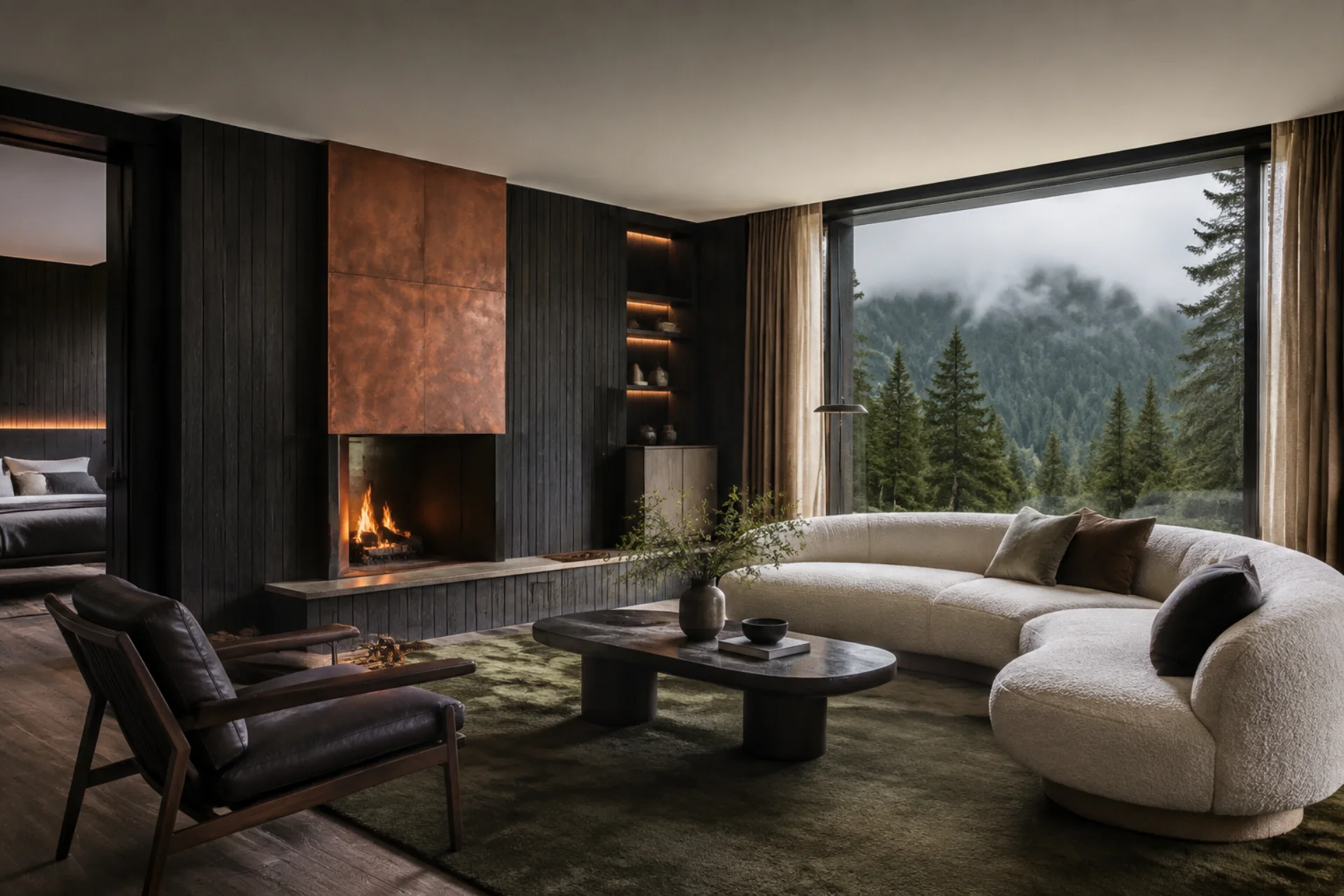 Cedar House suite with a copper fireplace