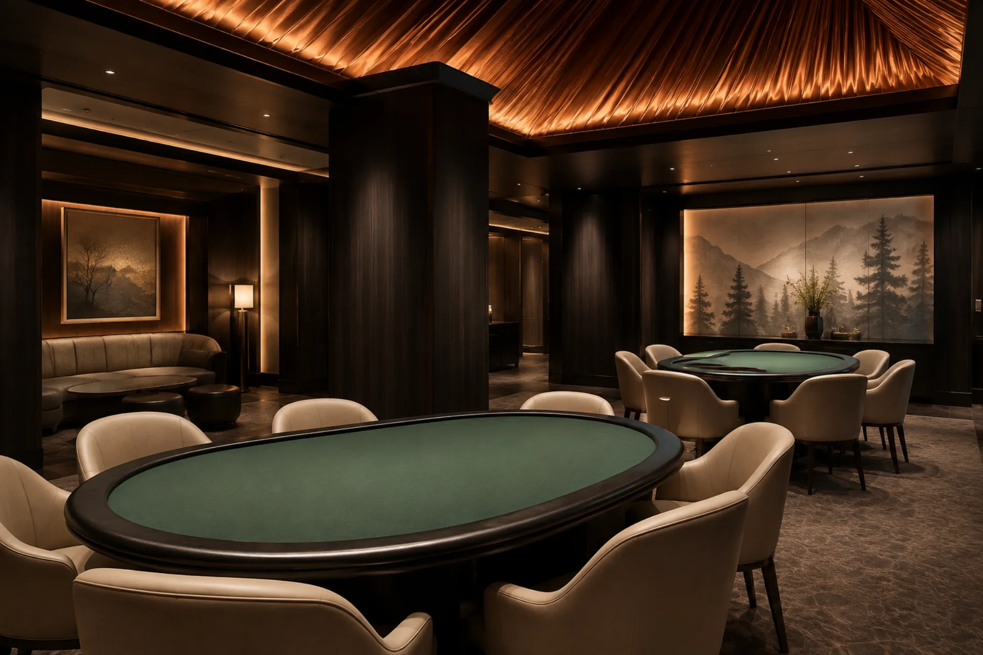 Discreet forest-green private salon beneath a copper ceiling