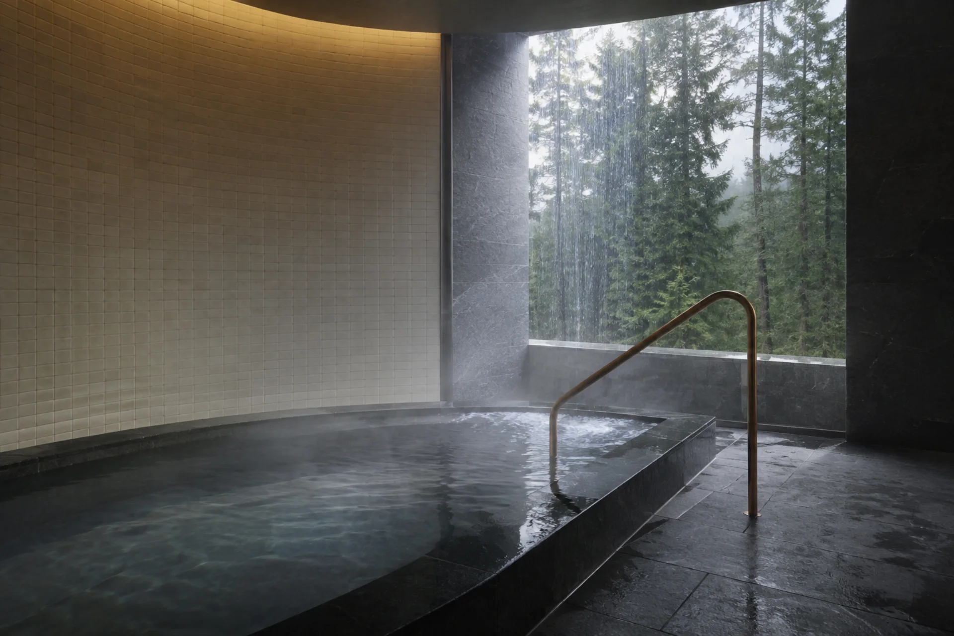 Basalt thermal pool beside a rain window